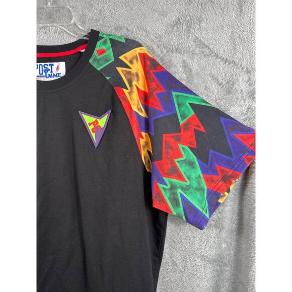 Post Game XL Black Shirt With Multicolor Geometric Sleeves & Logo - Picture 3 of 10